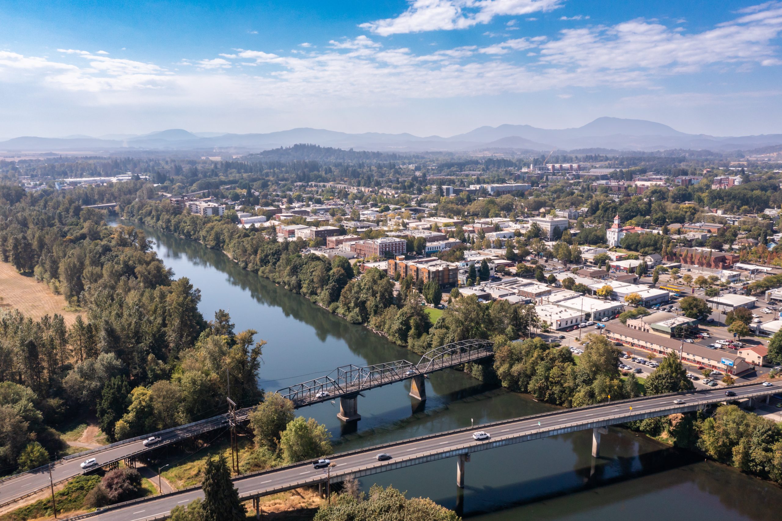 aerial view of the bridges in the city of Corvallis.