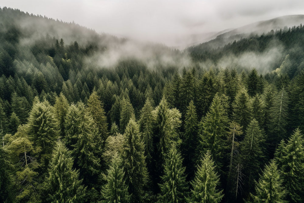 aerial view of a foggy forest.
