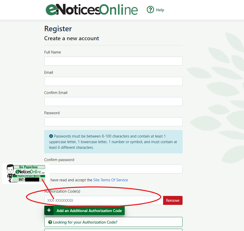 Image of registration page on enoticesonline.com where authorization code would go.