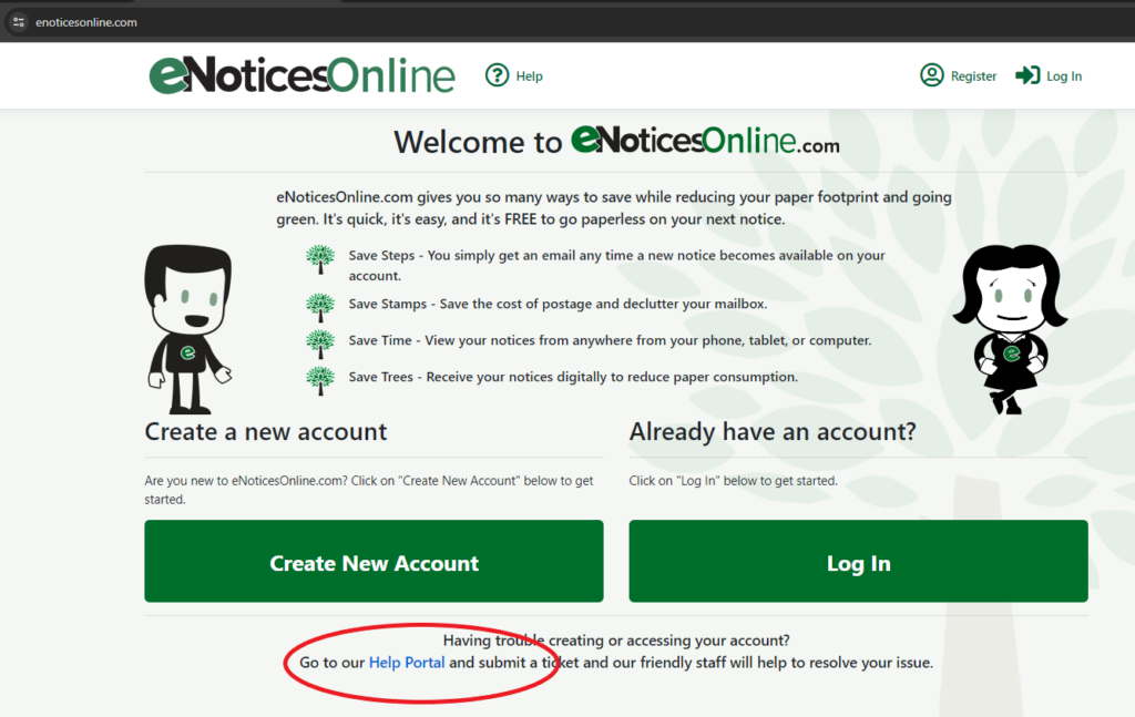 Image of login page on eNoticesOnline.com webpage showing where help portal is located.
