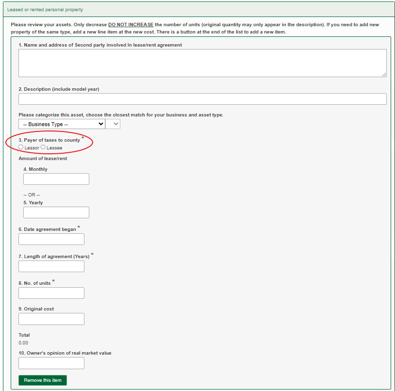 Image of personal property return on eNoticesOnline.com showing where to add leased assets and that the lessor or lessee boxes have to be checked.