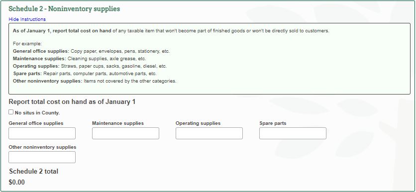 image of Schedule 2 non-inventory supplies section of Business personal property return on eNoticeOnline.com website.