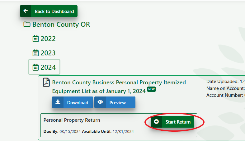 Image of Benton County folder on eNoticesOnline.com website to start Business personal property return.