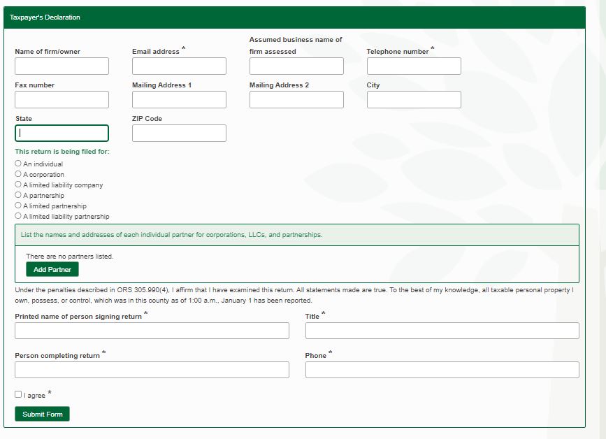 Image of taxpayer declaration box on Business Personal Property return on eNoticesOnline.com website.