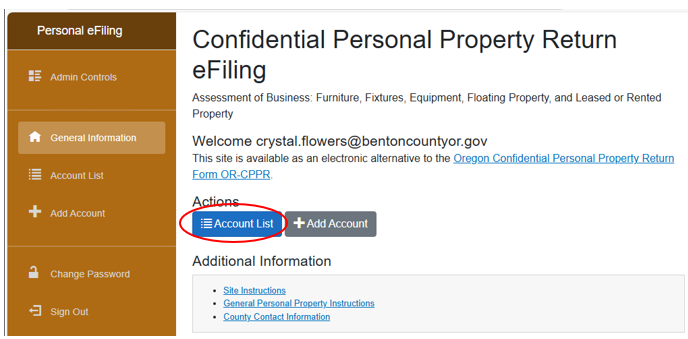 image of dashboard with account list button circled in red