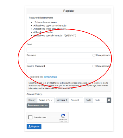 Image of register screen with red circle around text boxes